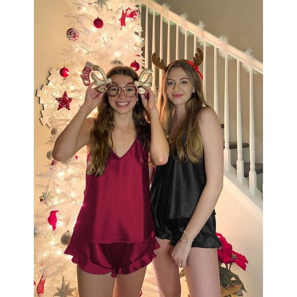 Women Red Satin Pajama Set Silk Camisole Top and Shorts with Ruffle Sleepwear - Picture 6 of 6